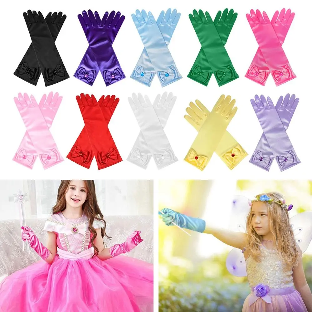 

Детские длинные перчатки принцессы для танцев и выступлений атласные перчатки с бантом и блестками однотонные варежки на весь палец подарки на день рождения