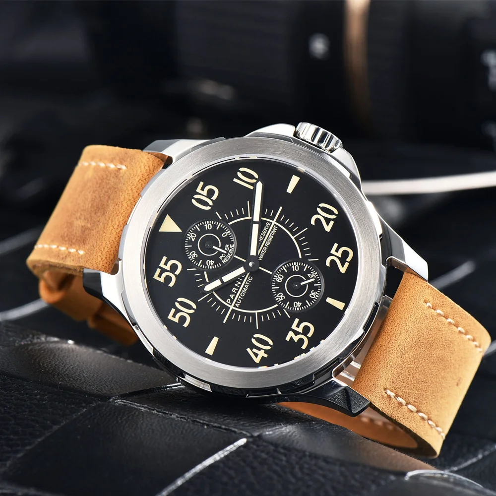 

Fashion Parnis 44mm 316L Stainless Steel Case Sapphire Crystal Automatic Mechanical Men Watch Power Reserve Leather Strap Gift