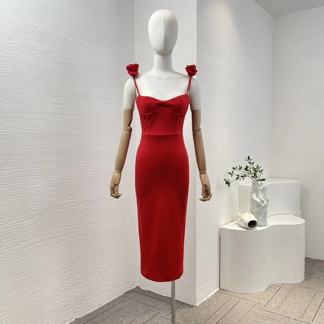 

2024 Summer New Fashion Red Sleeveless Handmade Roses Women Spaghetti Strap High Slit Sexy Elegant Midi Tube Dress