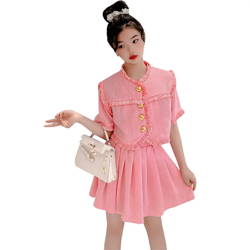 Girls Summer Pink Grey Clothing Suit Gold Button Short Sleeve Tops+Skirt Two Pieces Kids Outfits for 5 6 7 8 9 10 12 13 14 Years
Girls Summer Pink Grey Clothing Suit Gold Button Short Sleeve Tops+Skirt Two Pieces Kids Outfits for 5 6 7 8 9 10 12 13 14 Years