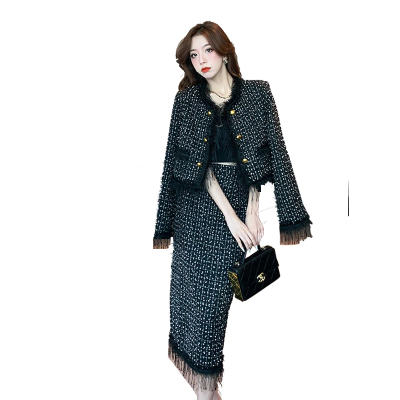 

Women's spring/autumn tweed tassel jacket+fashionable half skirt 2 pcs set 2024 new small fragrance set