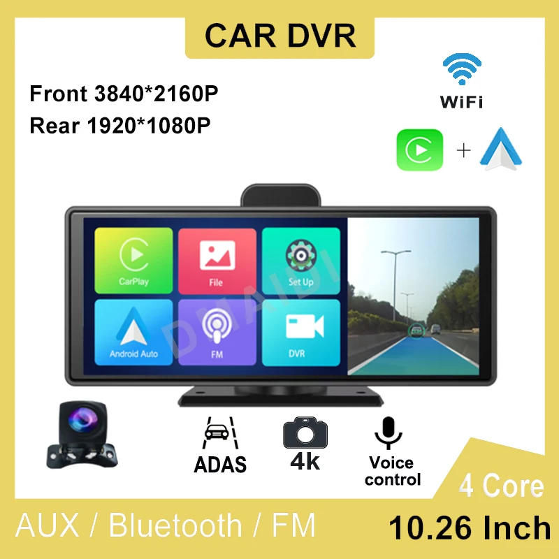 

Автомобильный видеорегистратор, беспроводная камера заднего вида CarPlay Android Auto 10,26 дюйма ADAS WiFi AUX GPS FM BT