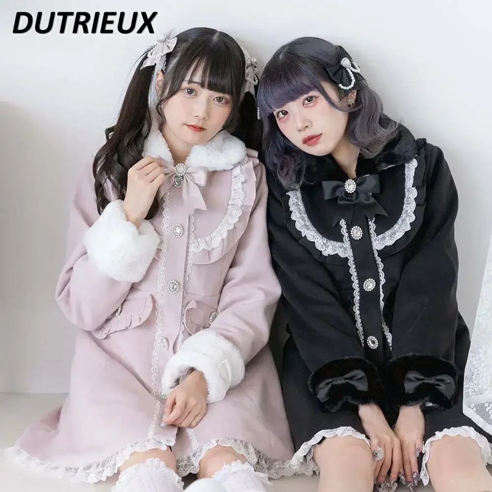 

Winter New Women Coat Japanese Sweet Overcoat Bow Lace Stitching Furry Diamond Buckle Exquisite Woolen Jacket Lolita Clothes