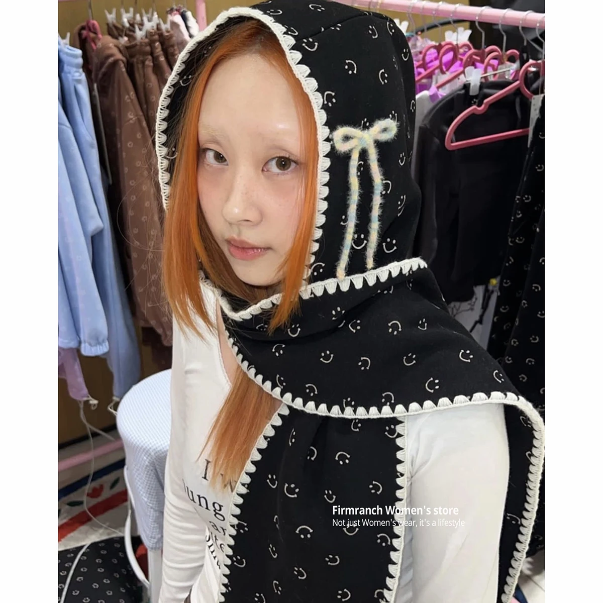 

Firmranch Korean Fashion Jiena Black Smile Face Hooded Scraf Warm Winter Length 174cm Width 17cm Free Shipping