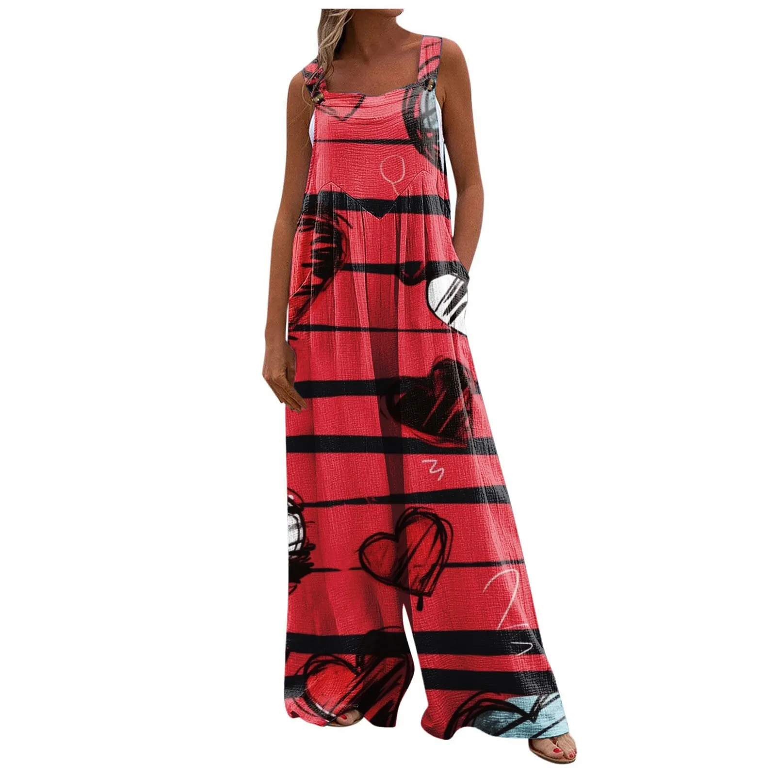 

Wide Leg Overalls Women Casual Loose Sleeveless Jumpsuits Valentine'S Day Print Button Long Pant Romper Jumpsuit With Pockets