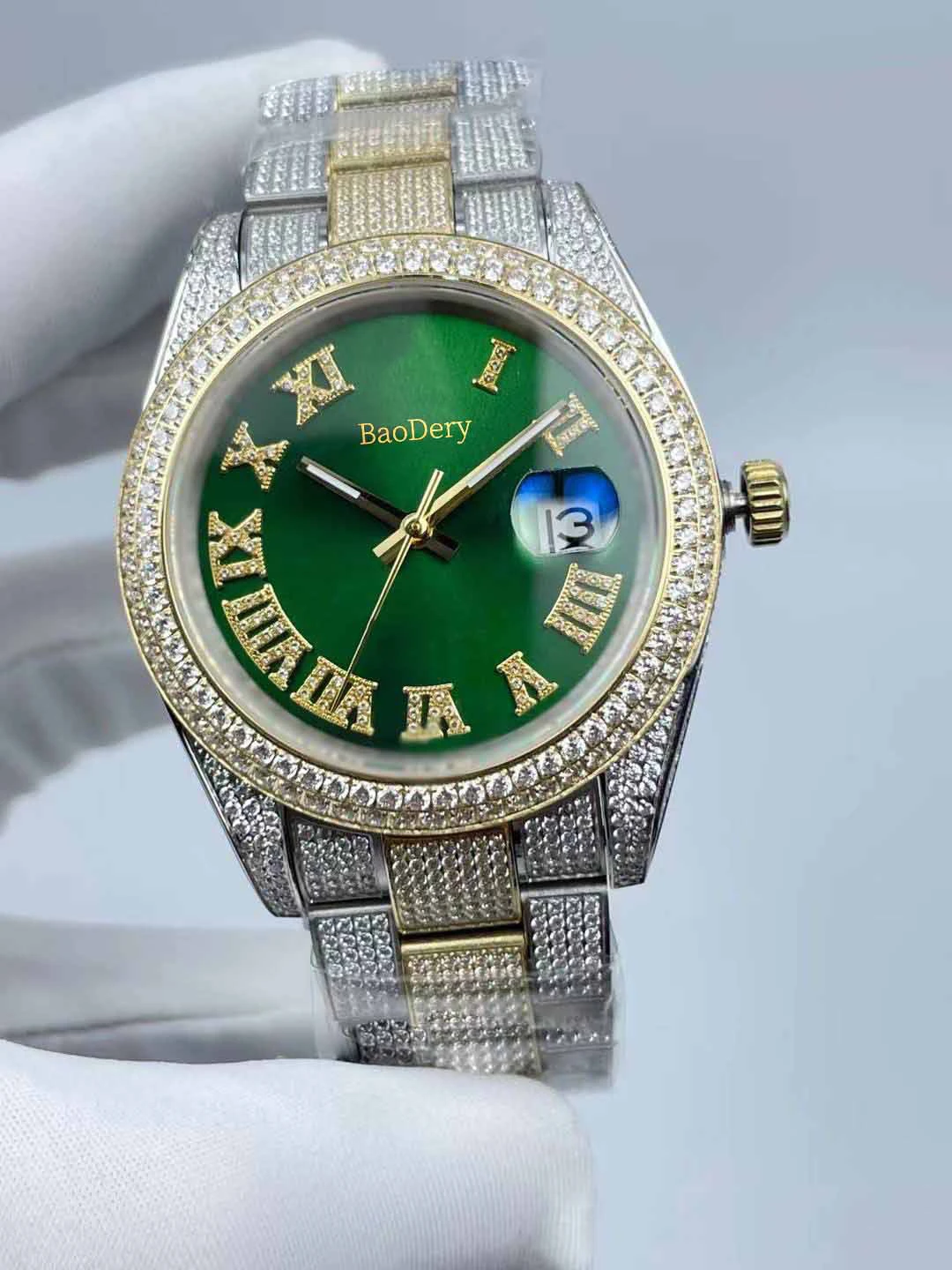 

41mmDiamond Watch for Men Dial with Roman Diamond Surface, Waterproof, Calendar Window, and Mechanical Movement