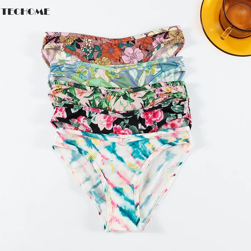 

TECHOME 5PC Sexy Patchwork Thongs Women's Ice Silk Briefs Tie Dye No Trace Ladies Polyamide Light Satin Invisible Sports Panties