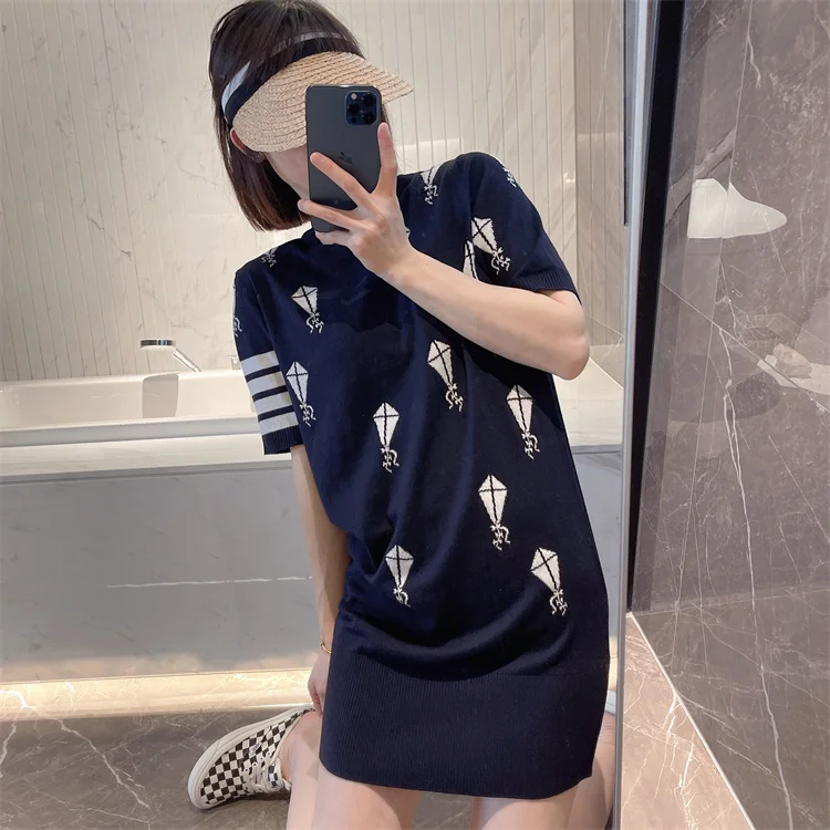 

Spring and summer TB college style age-reducing fashionable round neck kite jacquard mid-length knitted short-sleeved dress