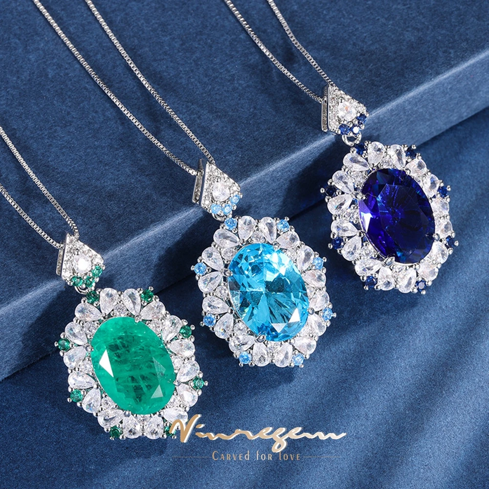 

Vinregem 13*18MM Oval Lab Created Emerald Sapphire Aquamarine Gemstone Vintage Pendant Necklace for Women Fine Jewelry Wholesale