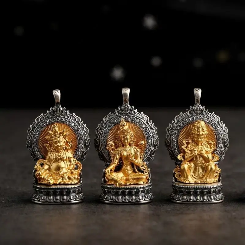 

Cooperized Silver Distressed Vintage Inlaid Patron Saint Zachilam Yellow God of Wealth Void Tibetan Bodhisattva Pendant Pendant