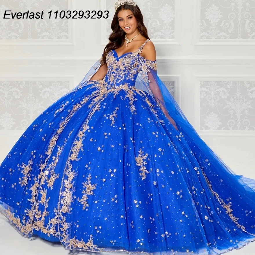 

EVLAST принцесса Королевский синий платье Quinceanera бальное платье Кружевная аппликация бисером с накидкой корсет милое 16 Vestido 15 лет TQD227
