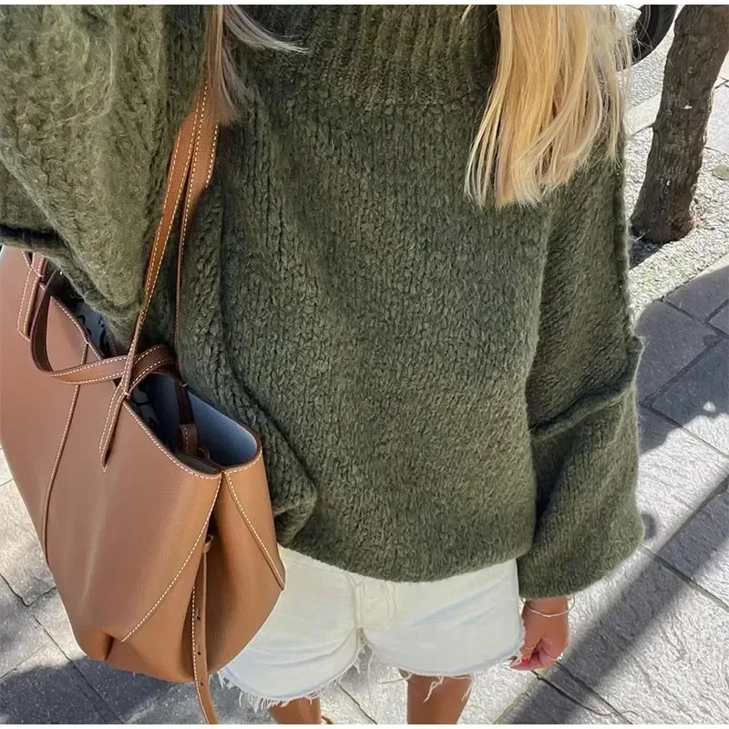 

Solid Knit Ribbed O-neck Loose Women Pullover Lantern Sleeve Drop Shoulder Oversized Sweater 2023 Autumn Chic Casual Streetwears