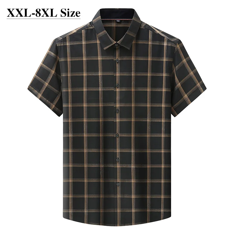 

8XL 7XL 6XL Plus Size Classic Plaid Stripe Short sleevShirts for Men Summer Daily Baggy Casual Thin Shitrs Dress Male Blue