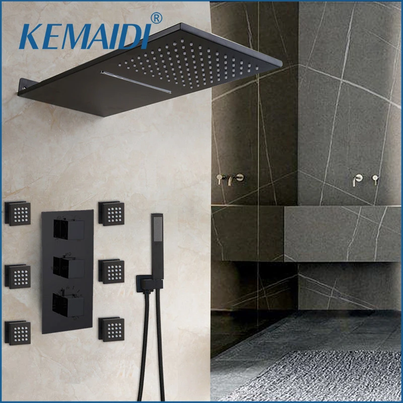 

KEMAIDI Black Bathroom Shower Faucet Set Rainfall Shower Head Brass Waterfall Shower System with 6 Body Jets Function Mixer Tap