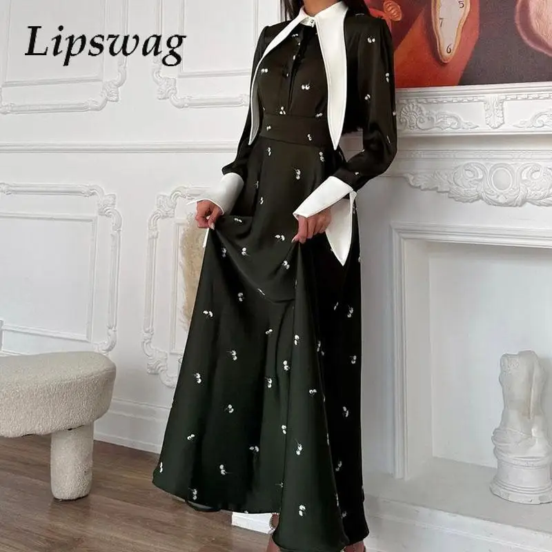 

Luxury New Long Sleeve Pleat Dresses 2024 French Floral Print Polo Collar A-line Dress Women Elegant Patchwork Waist Long Dress