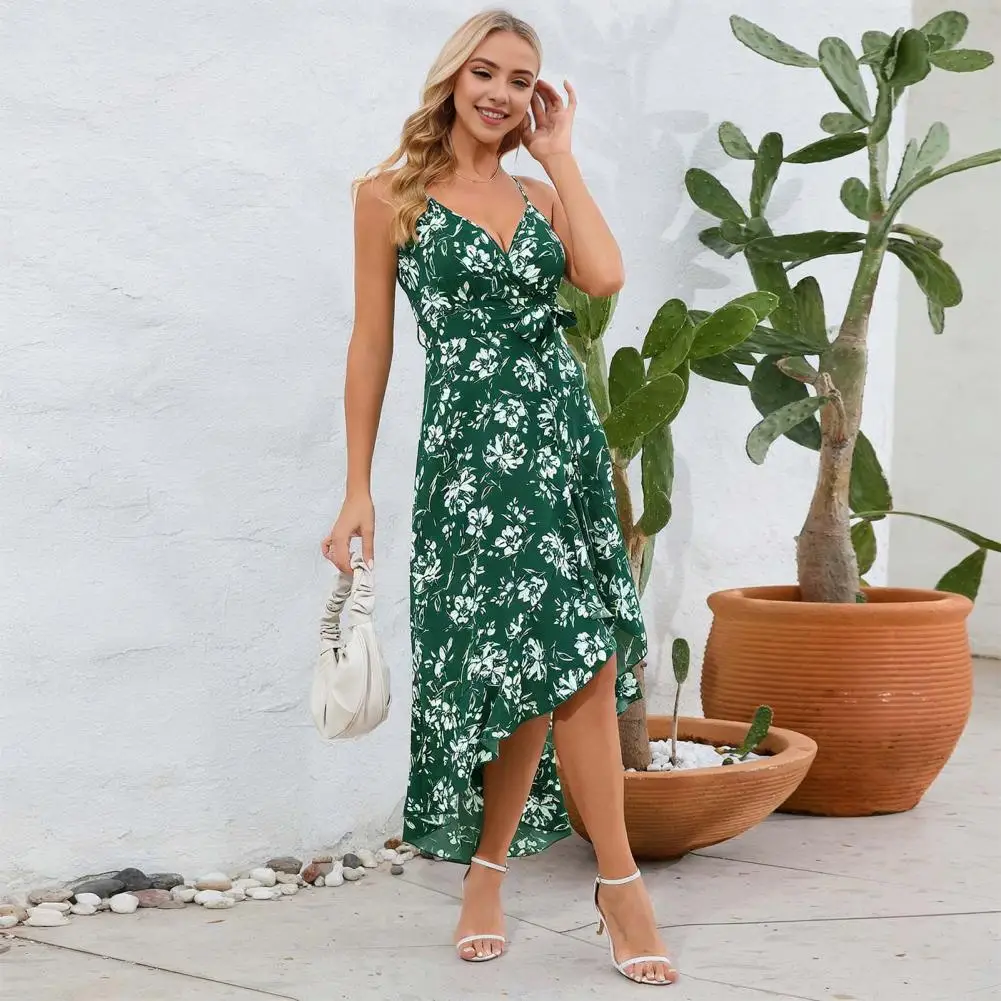 

Loose Fit Dress Floral Print Strappy Midi Dress with Lace-up Detail Ruffle Hem Women's V Neck Sleeveless Vacation Beach Sundress