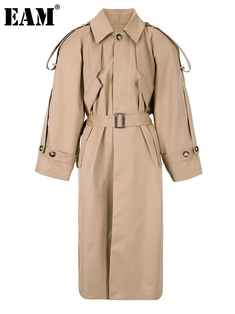 

[EAM] Women Khaki Belted Big Size Trench New Lapel Long Sleeve Loose Fit Windbreaker Fashion Tide Spring Autumn 2024 CP2337