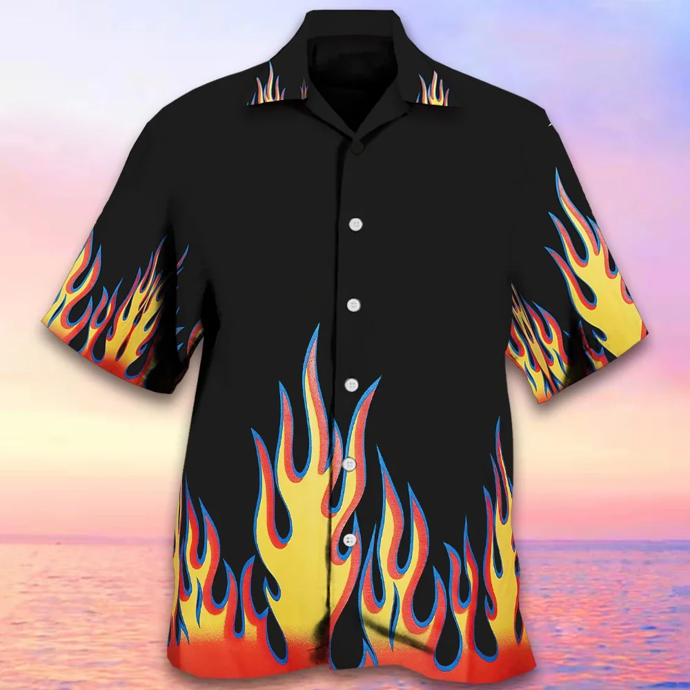 

Рубашка мужская с воротником-стойкой, блуза с принтом в виде пламени, Повседневная дизайнерская, для отдыха в гавайском стиле, с короткими рукавами, лето