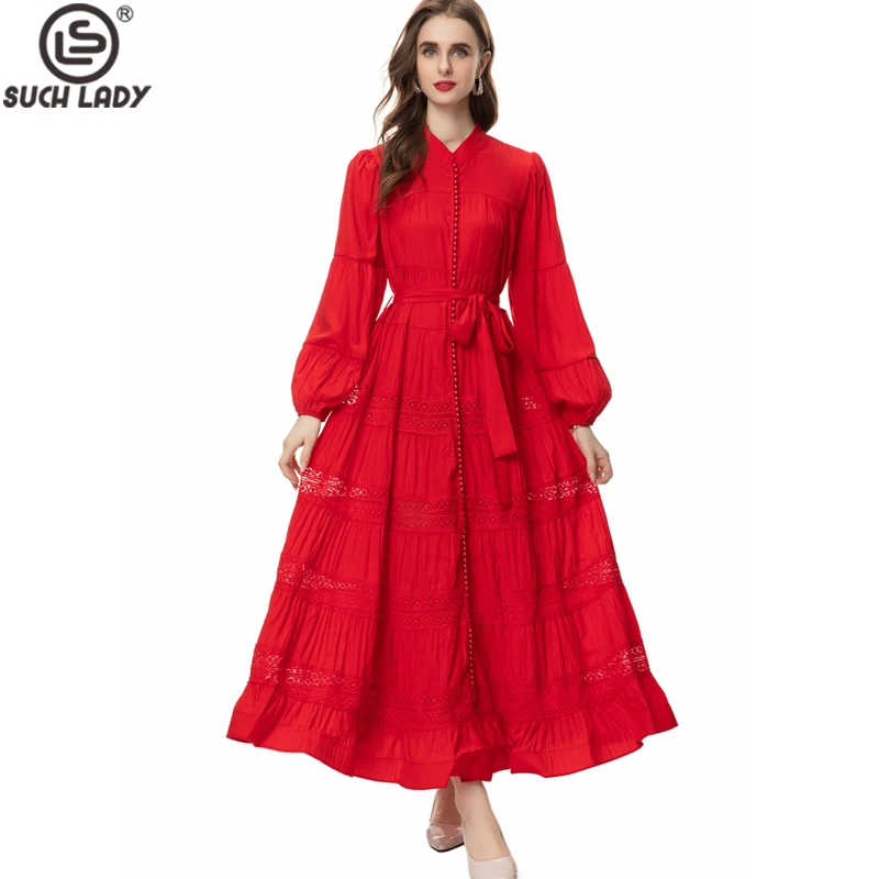 

Women's Runway Dresses Stand Collar Long Lantern Sleeves Embroidery Hollow Out Lace Up Belt Elegant Designer Maxi Vestidos