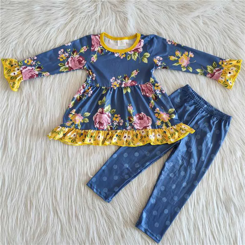 

New Spring Fashion Kids Blue Flower Yellow Edge Polka Dot Pants Suit Boutique Wholesale Baby Girls Children Clothing Outfits