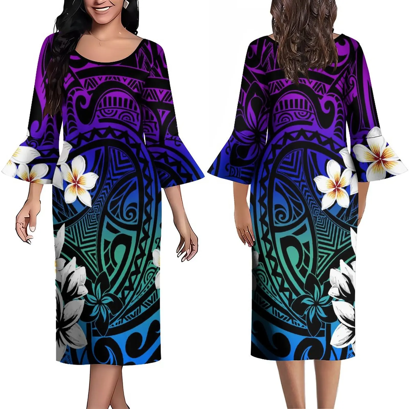 

2023 Women's Dress Custom Art Print Maxi Skirt High Quality Polynesian Vintage Tribal Design Ruffled Cuff Banquet Dress