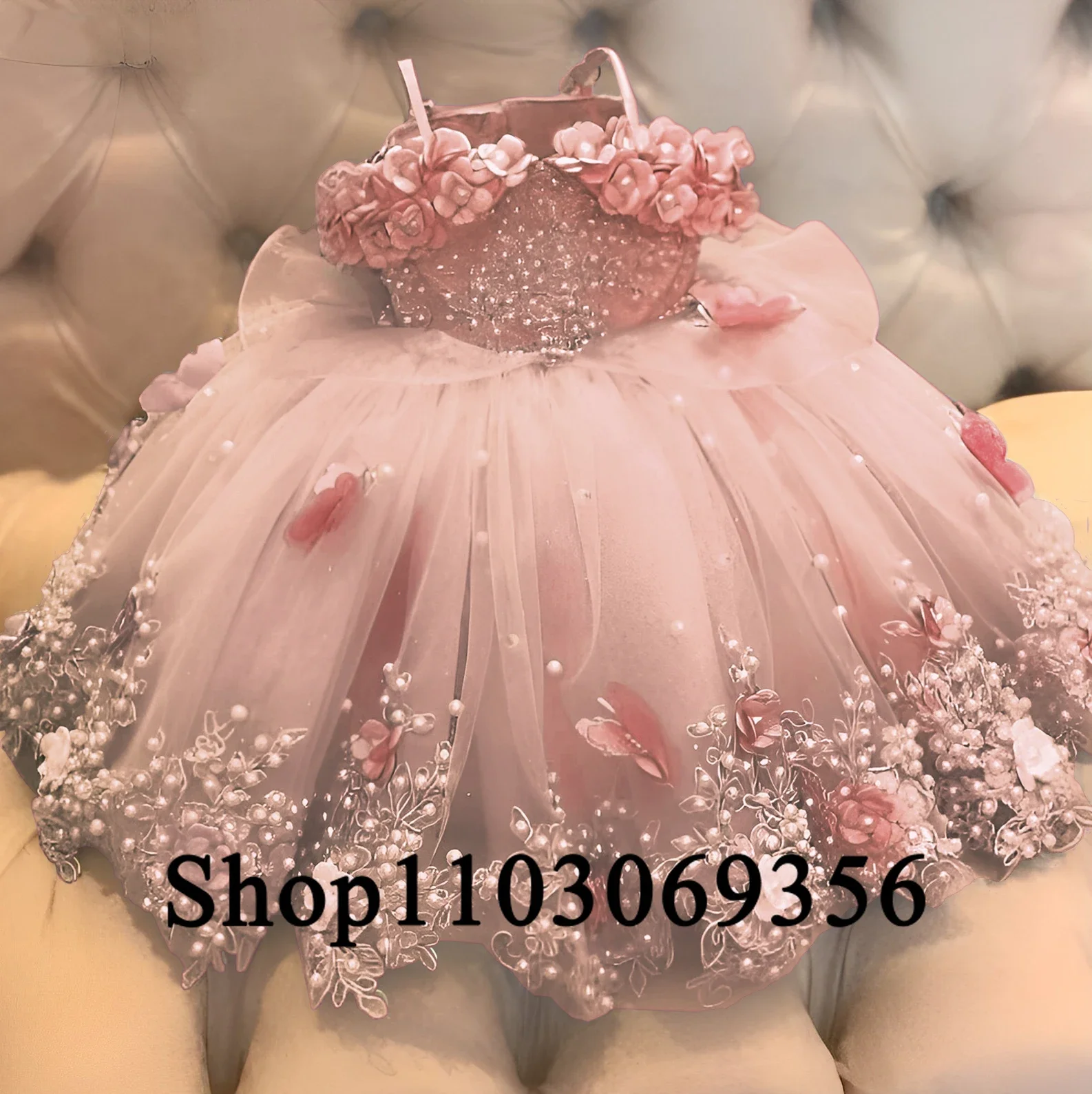 

Flower Girl Dress Lace Off Shoulder Pearls Butterflies Organza Baby Girl Wedding Birthday Party First Communion Dress Events