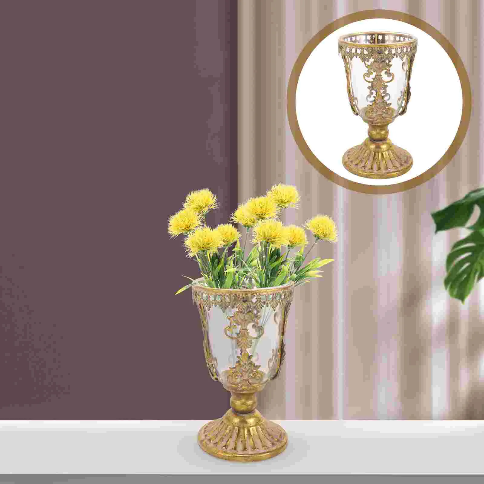 

Golden Flowerpot Decor Vintage Vase Footed Container Frame Vases Glass Holder with Metal