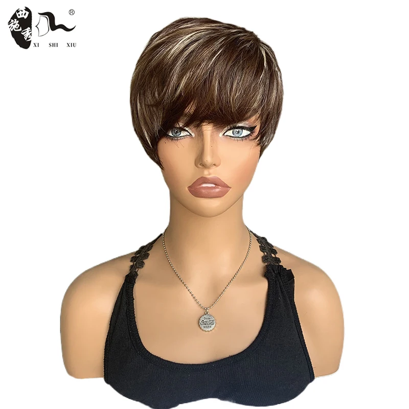 

Highlight Pixie Cut Hairstyle Short Mixed Brown Soft Hair With Bangs Heat Resistant Synthetic Wigs Mommy Cosplay Party Daily Use