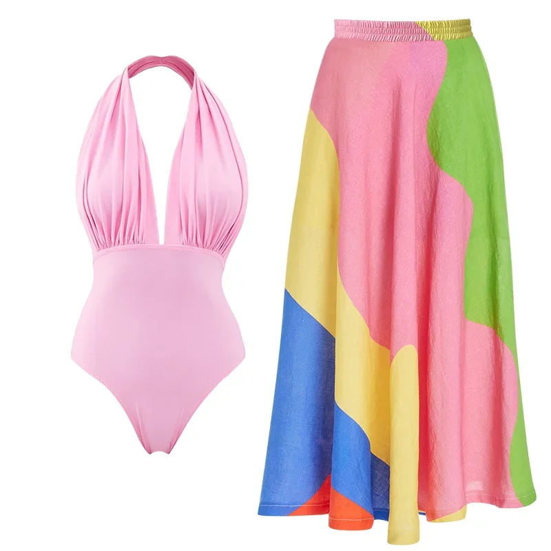 2023 Women's swimsuit Halter V Neck One Piece Swimsuit and Skirt Beachwear Summer beach woman Swimwear
2023 Women's swimsuit Halter V Neck One Piece Swimsuit and Skirt Beachwear Summer beach woman Swimwear