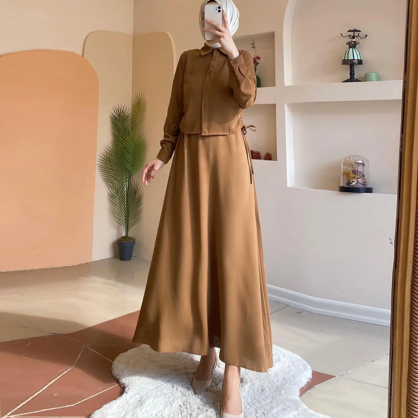 

Women Two Piece Sets Muslim Abaya Dress Long Sleeve Button Down Shirt and Skirt Suits Casual Modest Islamic Clothing 2024