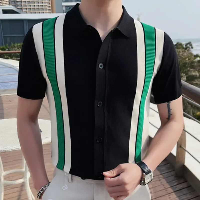 

Stripe Polo Shirt Paneled Color Contrast Stripe Cardigan T-Shirt Men British Slim Lapel Summer Man Short Sleeve Knitted Polo Men