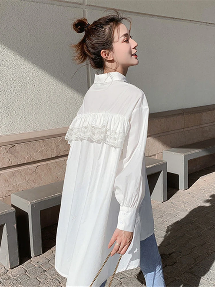 

Элегантная шикарная блузка рубашка белая кружевная Лоскутная весенне-Летняя женская блузка с длинным рукавом ажурная Сексуальная женская рубашка в стиле бохо