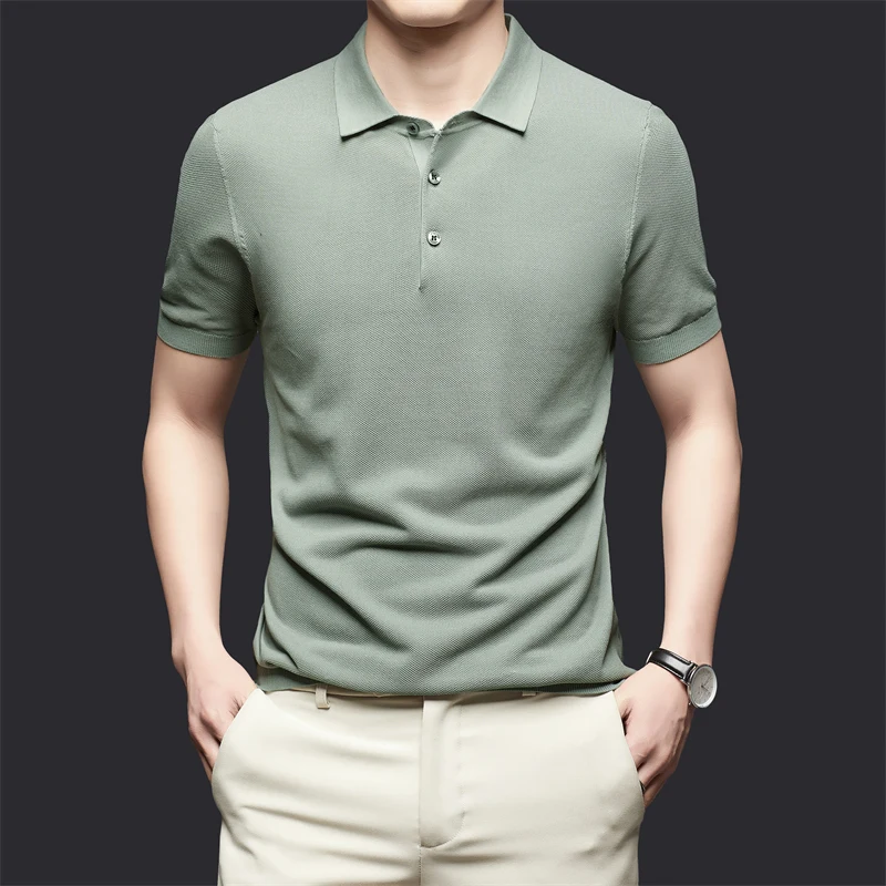 

Summer High-End Business Non-Ironing Lapel T-shirt Young Middle-Aged Men Mulberry Silk Cool Solid Color Short Sleeve Polo Shirt
