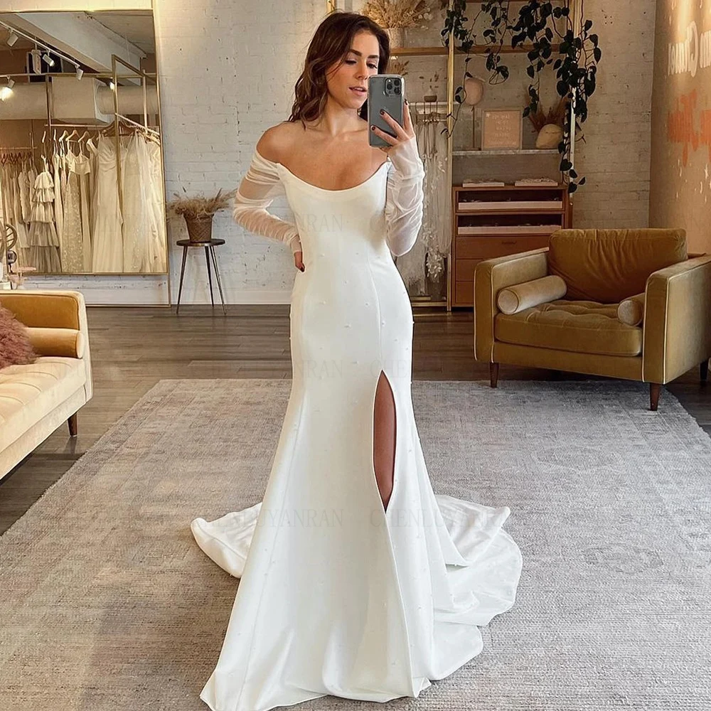 

Mermaid Simple Wedding Dresses 2023 Women Off-The-Shoulder Long Split Sexy Bride Dress Sweep Train Pearls Elegant Party Gowns