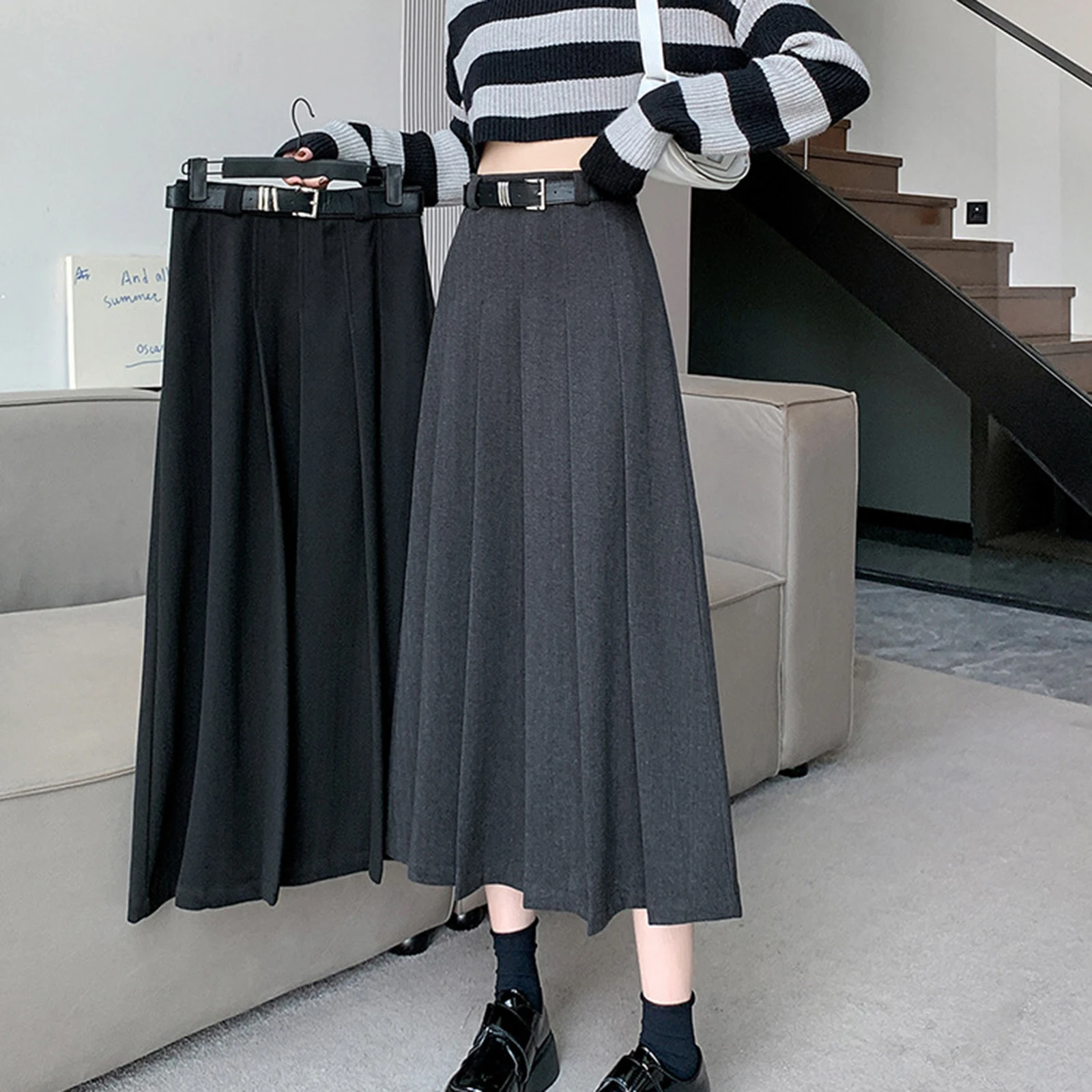 

2024 Spring Autumn New Women Woolen Pleated Skirt High Waisted Slimming Fit Long Skirt Solid Academy Style A-line Skirt Belt