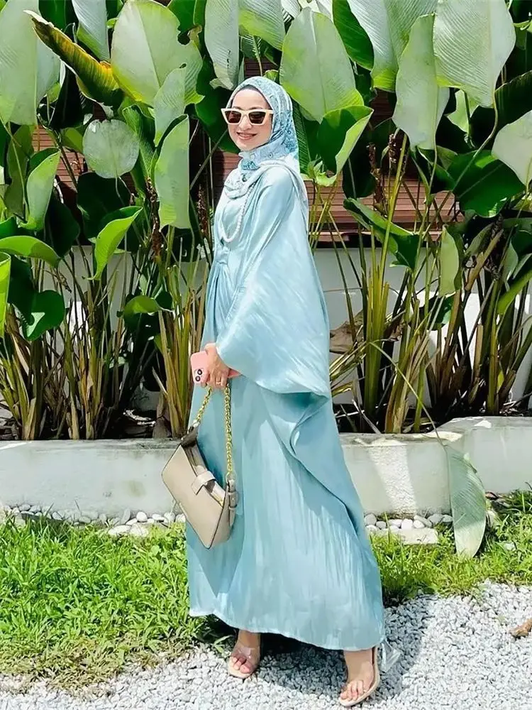 

Блестящая атласная абайя Eid из органзы с рукавом «летучая мышь», роскошное мусульманское платье Дубая 2024, мерцающее женское платье, Макси Кафтан, мусульманская одежда