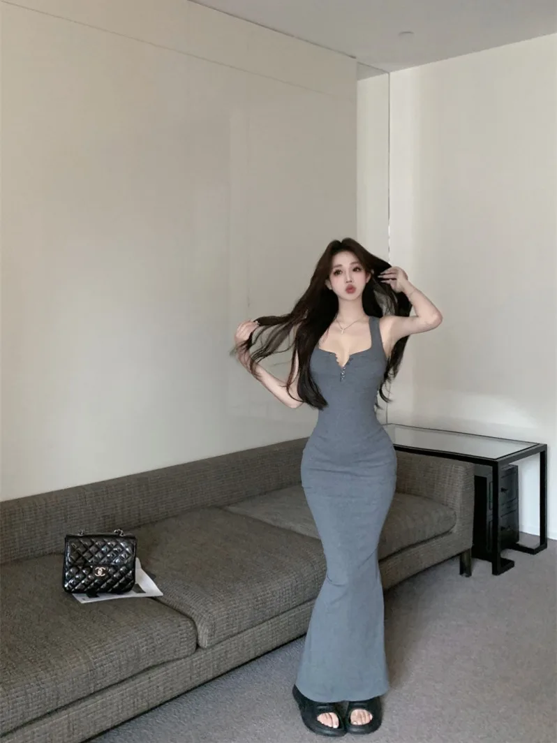 

Dark Gray Sexy Camisole Dress For Women Summer Tight Fishtail Dress Slim Waist Wrapped Buttocks Casual Dress