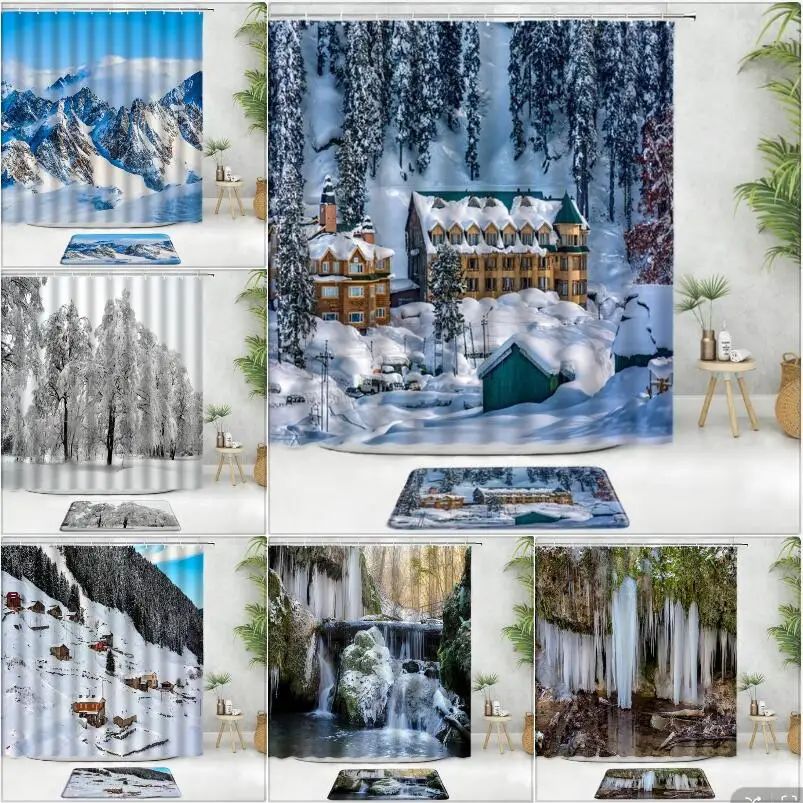 

Winter Shower Curtain Set Bath Mat Forest Tree House White Snow Mountain Snowfield Scenery Home Decor Bathroom Non-Slip Carpet