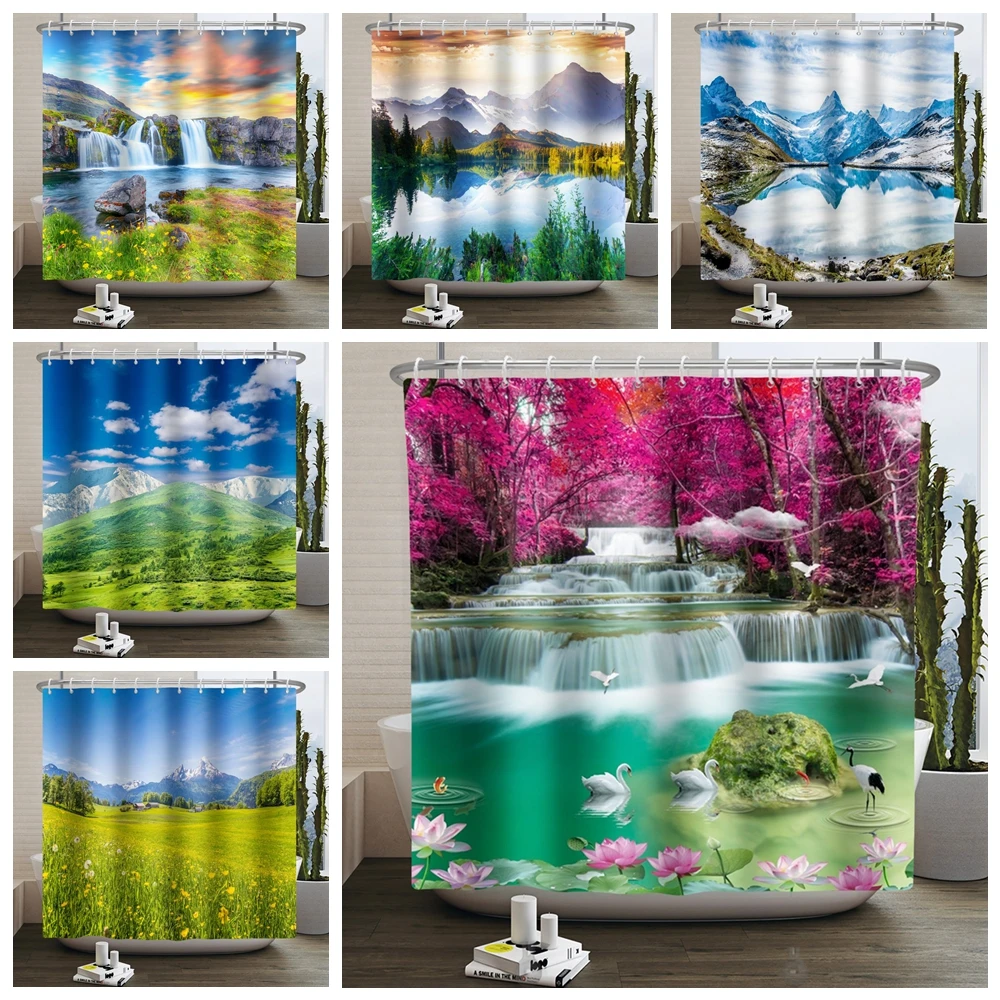 

Nature Scenery Shower Curtain Mountain Forest River Waterfall Landscape Waterproof Polyester Curtain For Bathroom With 12 Hooks