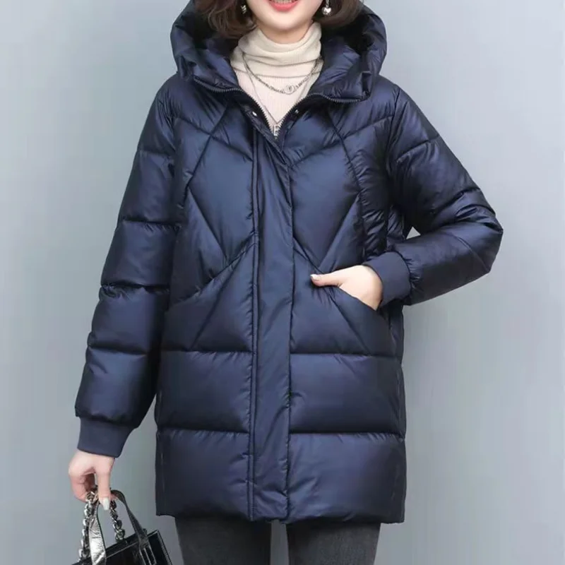 

2023 Glossy Down Cotton Jacket Women's Mid-length Section 2023 New Winter Blue Parker Warm Middle-aged Mother Urban Leisure Coat