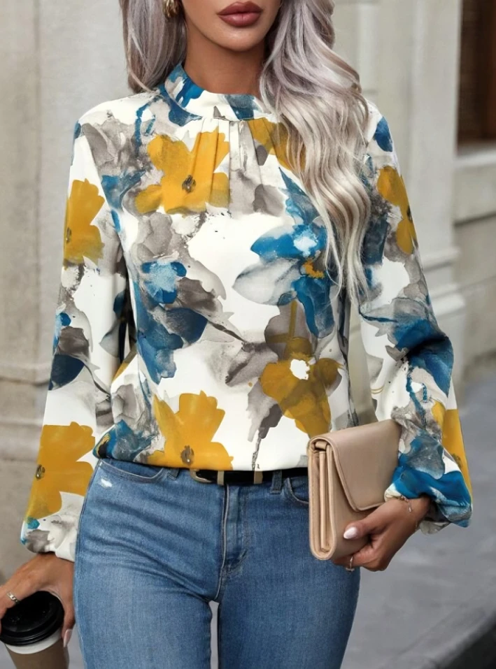 

Women's Colored Printed Fashion Top Temperament Commuting Female Casual Clothing Women Loose Long Sleeve Elegant Blouses