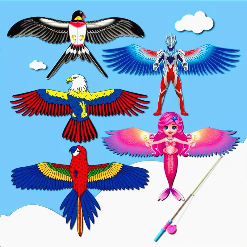 

free shipping PE mini kites flying for children kite line 3d kite pocket kite for kids fishing rod dynamic wing eagle kite toys
