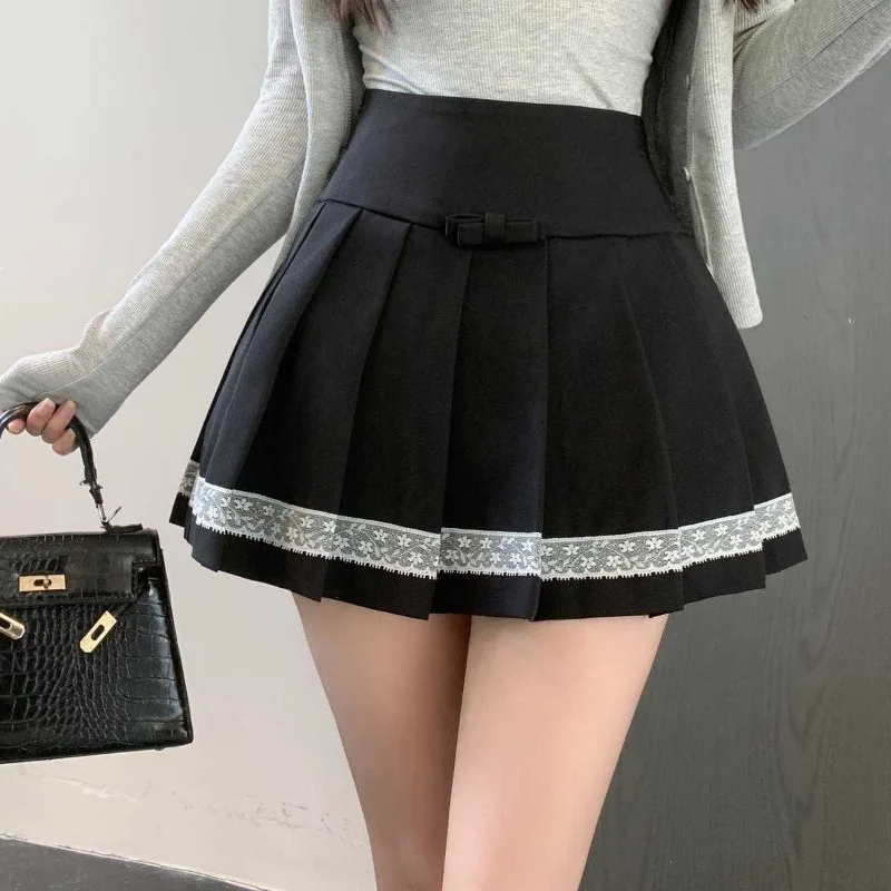

DEEPTOWN Preppy Style Pleated Skirt Women Korean Fashion A-line Slim Lace Patchwork Cute Black Mini Skirt Jk School Uniform