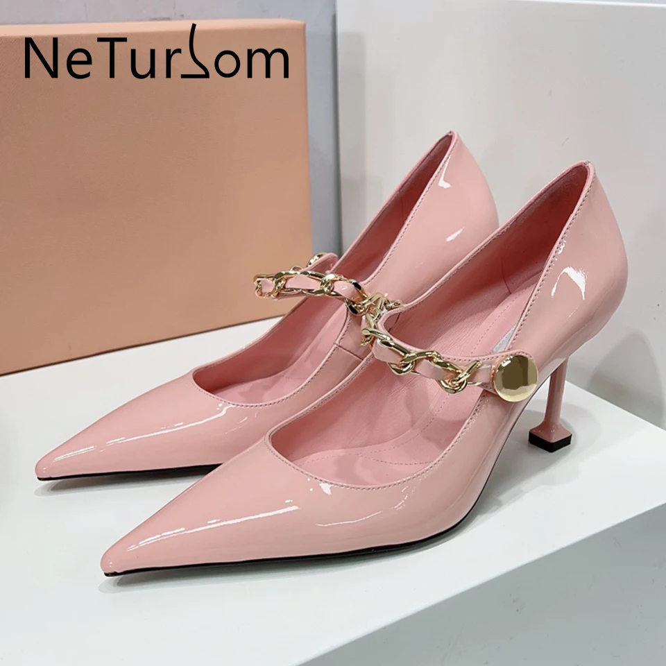 

spring summer high heels pointed toe pumps thin heel Metal chain women dress shoes zapatos mujer elegantes con tacones bajos