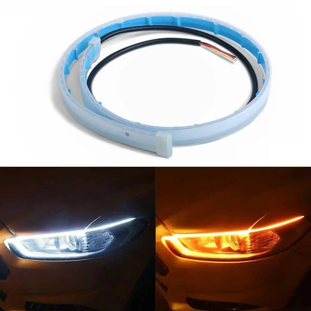 

2pcs LED DRL Car Daytime Running Light Flexible Waterproof Yellow Brake Flow Lights 12V Strip Auto Headlights White Turn Signal