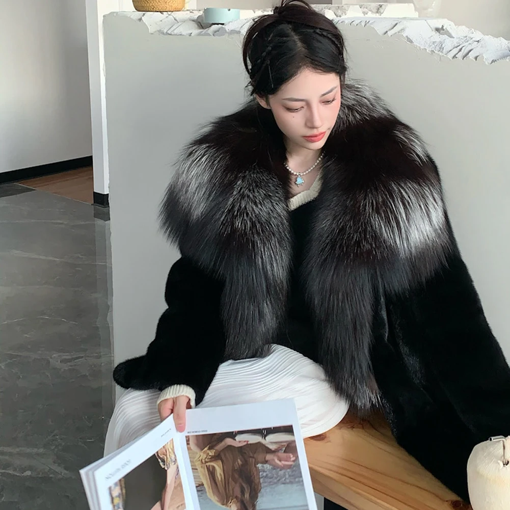 Denny&Dora Women's Mink Fur Coat Silver Fox Lapel Collar Woman Coat Black Fur Coat Denny&Dora Women's Mink Fur Coat Silver Fox Lapel Collar Woman Coat Black Fur Coat
