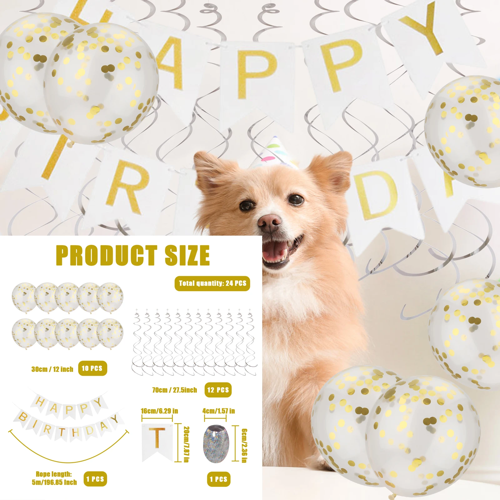 

24pcs Set 12 Inch Gold Latex Confetti Balloons 16.4ft White Paper Card Happy Birthday Sign Confetti Transparent Balloons