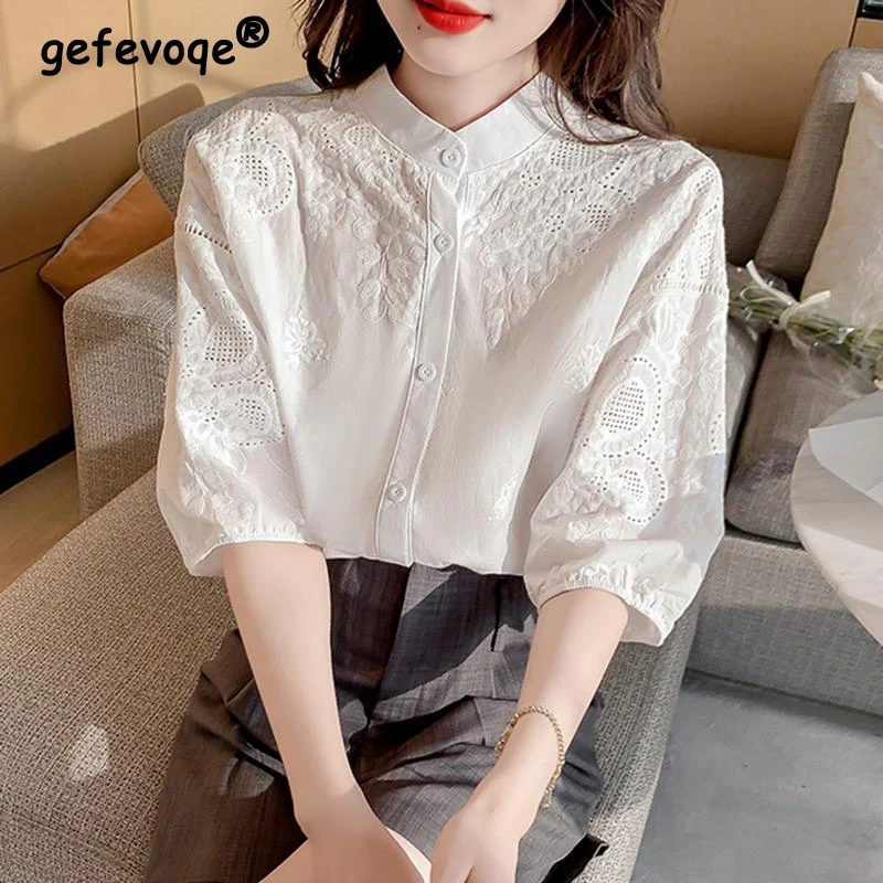 

Summer Korean Fashion Vintage Embroidery White Button Up Shirt for Women Casual Chic Sweet Short Sleeve Blouse Top Female Blusas