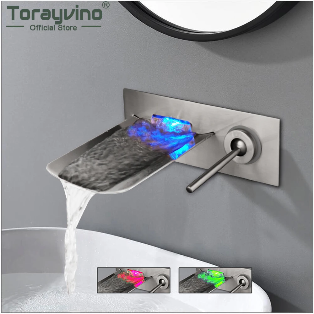 

Torayvino LED Bathroom Faucet Waterfall Vanity Vessel Torneira Brushed Nickel Wall Mount Hot & Cold Bathtub Sink Mixer Water Tap