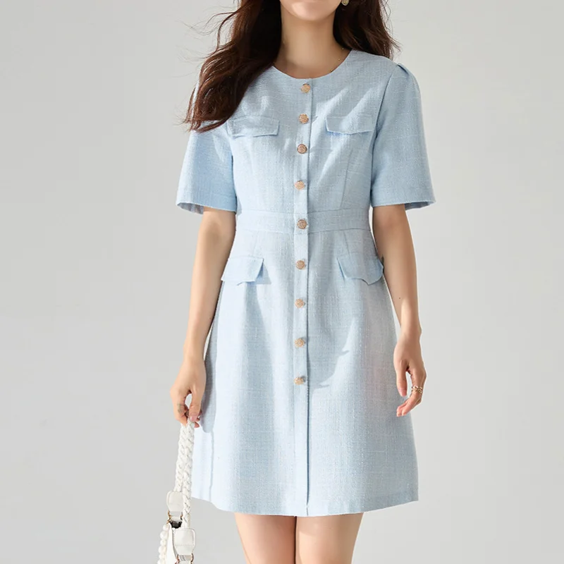 

French Simple Casual Short Sleeve Small Fragrance Dress Women Blue Black Fashion High Waist Korea Chic Thin Tweed Short Dress